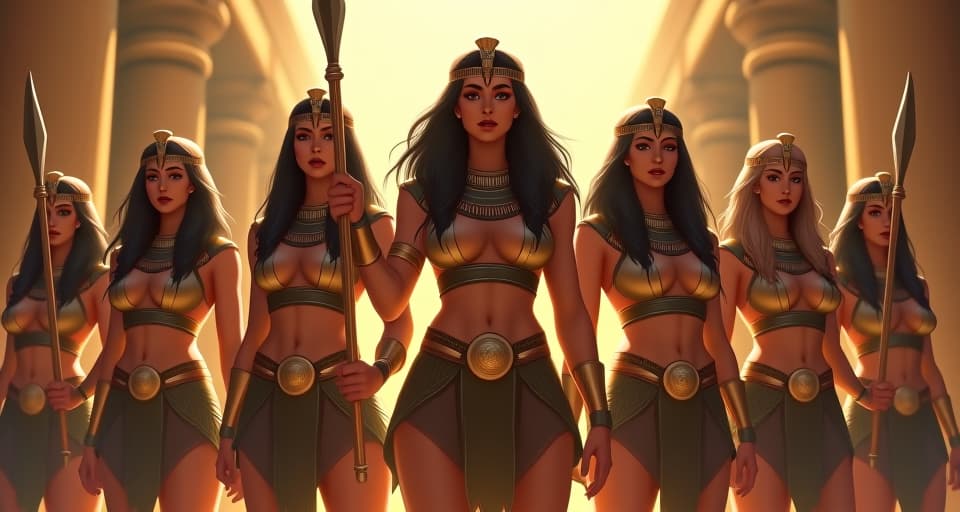  a group of large busted female warriors in tight battle armor, standing united, weapons raised, faces determined, sunlight streaming through ancient ruins, symbolizing unity and unbeatable strength. the style is digital art illustration / modern comic book / mysterious occult, symbolic, esoteric vibe,high detail on character design, incorporating ancient egyptian symbology and attire.