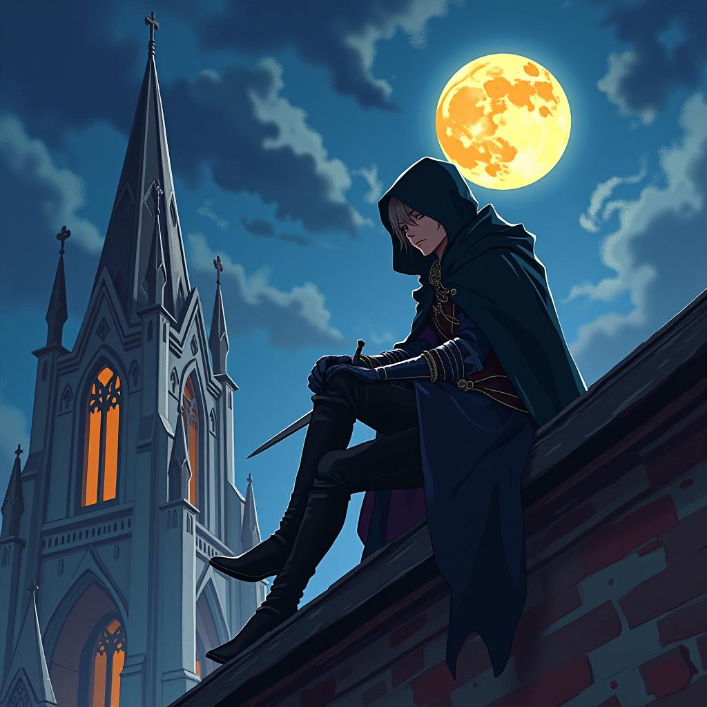  anime artwork (masterpiece, oil painting, bright colors, drawing on tinted paper, splashes of paint, streaks of paint, high detail, dark fantasy style: 1. 2), medieval thief dressed in beautiful medieval clothes, dressed in (black cape with hood:1.4), (armed with a dagger:1. 4), in high boots, sitting on the roof of a large medieval cathedral against the background of the moon and looking down, face illuminated by the light of the moon, gaze directed into the distance, perfect cinematic angle (high resolution, high detail: 1.4), close up, depth of field, hyperrealism (many small details: 1.4), hdr, 64k, the best art station management . anime style, key visual, vibrant, studio anime, highly detailed