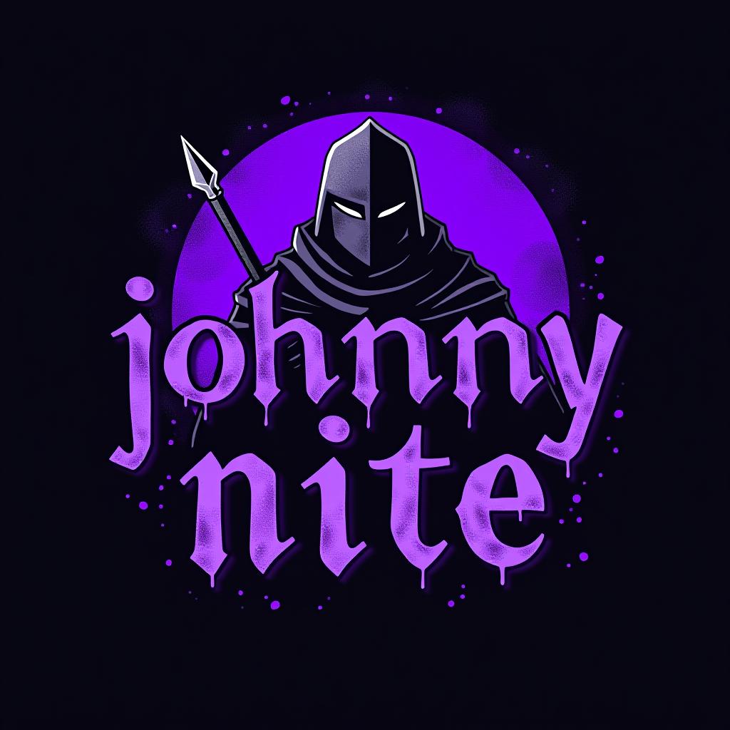  design a logo, in a surrealism style. knight graffiti purple and black, with the text 'johnny nite'.