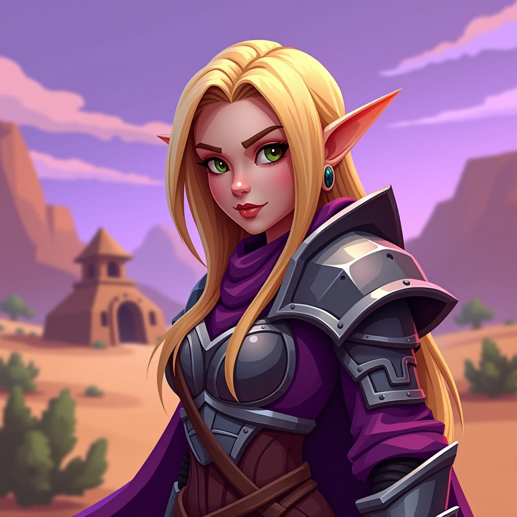  blonde elf woman as a world of warcraft character | wearing usa armor | mmorpg mobile screenshot | toxic desert village in the background | purple sky | cartoonish low poly quality