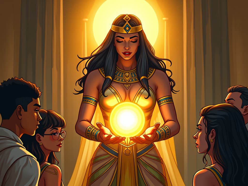  a glowing orb of ethereal light hovering above the palm of a large busted goddess in a shimmering, celestial gown, surrounded by a golden aura, people's faces around her lighting up with hope and possibility, emphasizing a divine connection. the style is digital art illustration / modern comic book / mysterious occult, symbolic, esoteric vibe,high detail on character design, incorporating ancient egyptian symbology and attire.