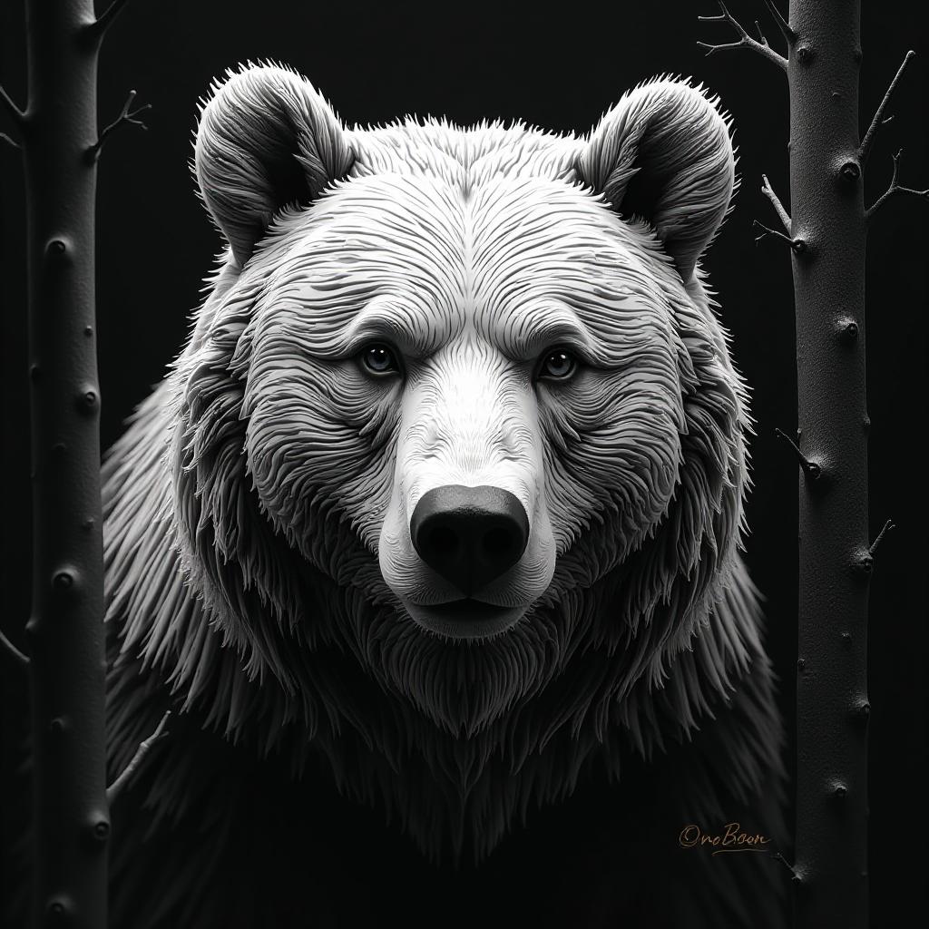  professional 3d model black and white sketches of a 3d model. (white sketch of a brown bear's head looking into the camera, high resolution, high detail, increased attention to detail. the whole head and weapon, in the style of a sketch, the whole head ((black background with white contours of the forest)), only contours and textures are used, the style of three dimensional wood carving, clear drawing of details, lines, panning, clear lines, background. the white tones are made in the style of a 3d model sketch . octane render, highly detailed, volumetric, dramatic lighting