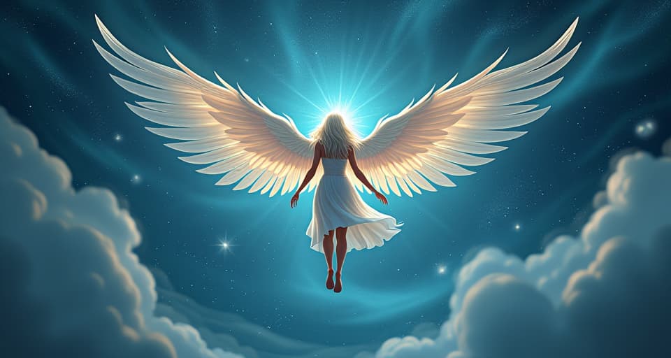  an ethereal being with elegant, translucent wings soaring towards the starry heavens. the backdrop is filled with swirling, luminescent patterns, symbolizing newfound freedom and elevation of spirit.. the style is digital art illustration,highly detailed, whimsical,magical, dreamlike atmosphere, realism and fantasy blend, smooth, glossy textures,luminous quality, wonder and enchantment.