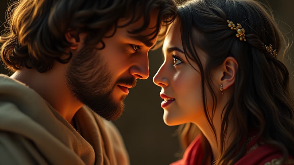  history of biblical times, a close up of isaac lovingly looking at rebecca, portraying the deep connection that blossomed between them. hyperrealistic, full body, detailed clothing, highly detailed, cinematic lighting, stunningly beautiful, intricate, sharp focus, f/1. 8, 85mm, (centered image composition), (professionally color graded), ((bright soft diffused light)), volumetric fog, trending on instagram, trending on tumblr, HDR 4K, 8K