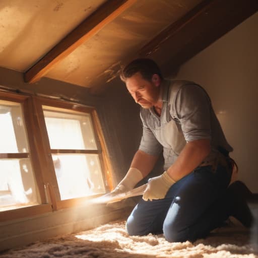 A photo of a professional vent cleaner inspecting a dusty air duct in a cluttered attic during late afternoon with warm, golden sunlight filtering through a small window.