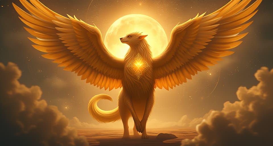  golden guardian, protective stance, radiating power, chosen ones, unyielding divine protection. the style is digital art illustration,highly detailed, whimsical,magical, dreamlike atmosphere, realism and fantasy blend, smooth, glossy textures,luminous quality, wonder and enchantment.