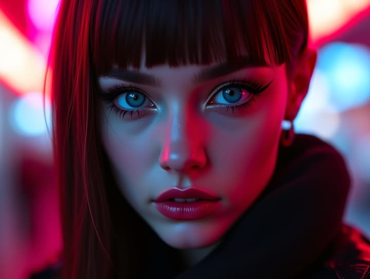  ultra realistic close up portrait ((beautiful pale cyberpunk female with heavy black eyeliner)), blue eyes, shaved side haircut, hyper detail, cinematic lighting, magic neon, dark red city, canon eos r3, nikon, f/1.4, iso 200, 1/160s, 8k, raw, unedited, symmetrical balance, in frame, 8k hyperrealistic, full body, detailed clothing, highly detailed, cinematic lighting, stunningly beautiful, intricate, sharp focus, f/1. 8, 85mm, (centered image composition), (professionally color graded), ((bright soft diffused light)), volumetric fog, trending on instagram, trending on tumblr, HDR 4K, 8K