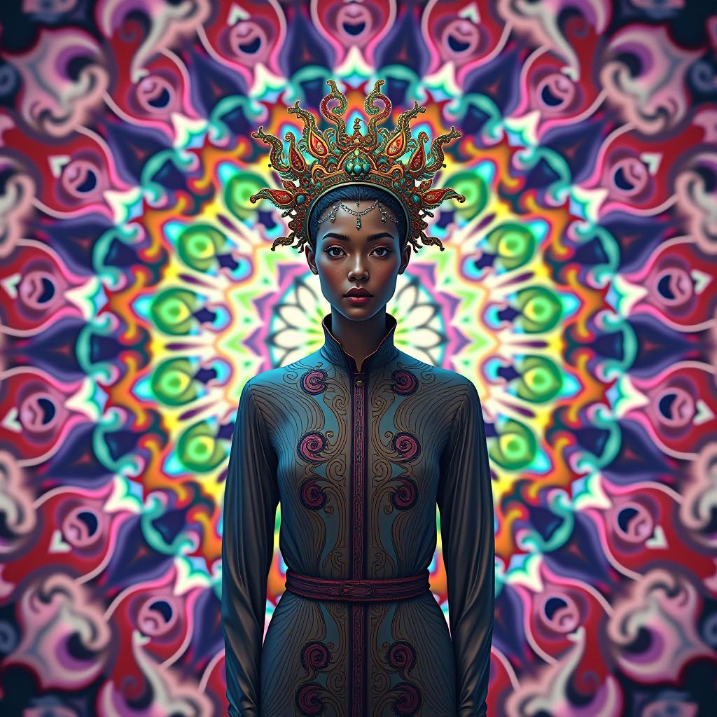  psychedelic style (mandala: 1.4) light background, colors lilac, green, red, yellow, blue . vibrant colors, swirling patterns, abstract forms, surreal, trippy hyperrealistic, full body, detailed clothing, highly detailed, cinematic lighting, stunningly beautiful, intricate, sharp focus, f/1. 8, 85mm, (centered image composition), (professionally color graded), ((bright soft diffused light)), volumetric fog, trending on instagram, trending on tumblr, HDR 4K, 8K