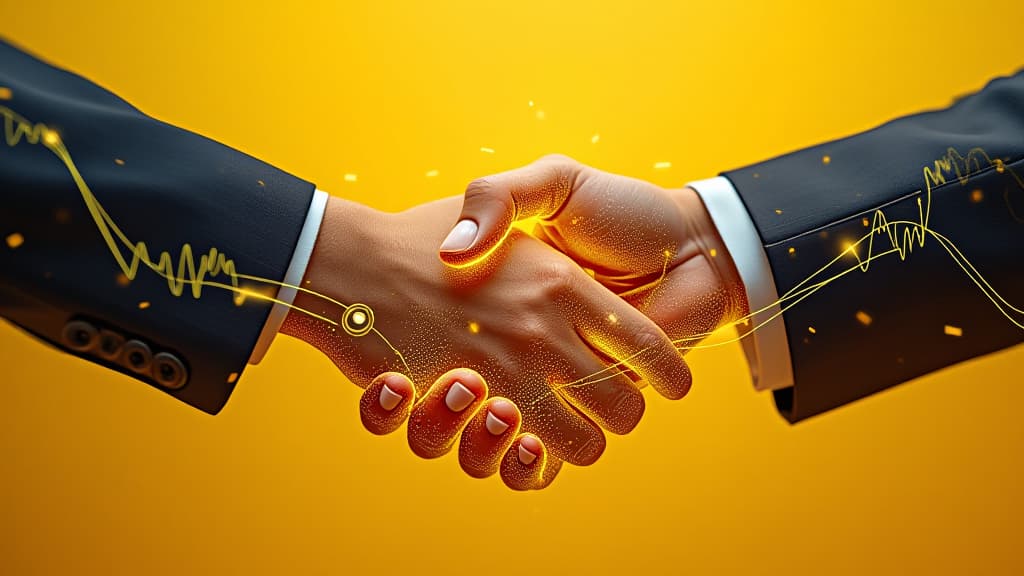  vibrant handshake between technology and humanity against a yellow background. digital transformation concept, high quality, high details, hd, perfect composition, 4k epic detailed, highly detailed, sharp focus, high resolution