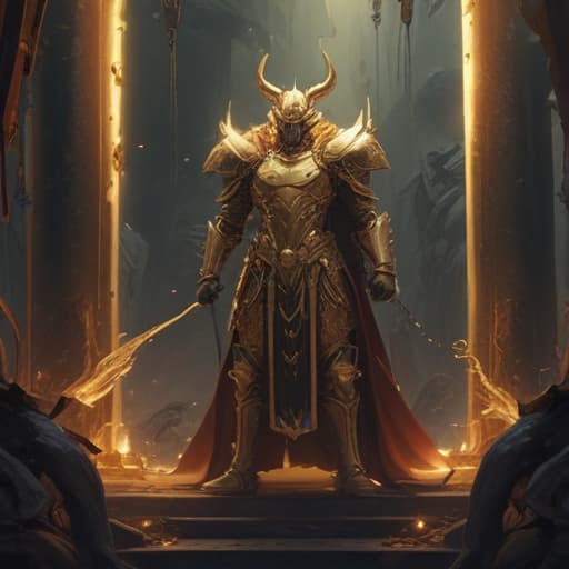 In a digital art style reminiscent of Akina Fujiwara, depict Minos Prime, King of Lust standing tall in a heavenly realm. His regal armor shimmers with a golden light, radiating power and authority. Surrounding him are three ethereal creatures with judgement counters, bound by chains of light. The air crackles with energy as Minos Prime prepares to unleash his Jugdement ability, compelling the creatures to bend to his will. The scene is both majestic and foreboding, capturing the essence of his dominance and control. fantastical creatures or characters inspired by mythology, folklore, or popular culture. use vibrant colors, sharp lines, intricate details, dynamic poses, dramatic lighting, atmospheric backgrounds, and blend anime, manga, and