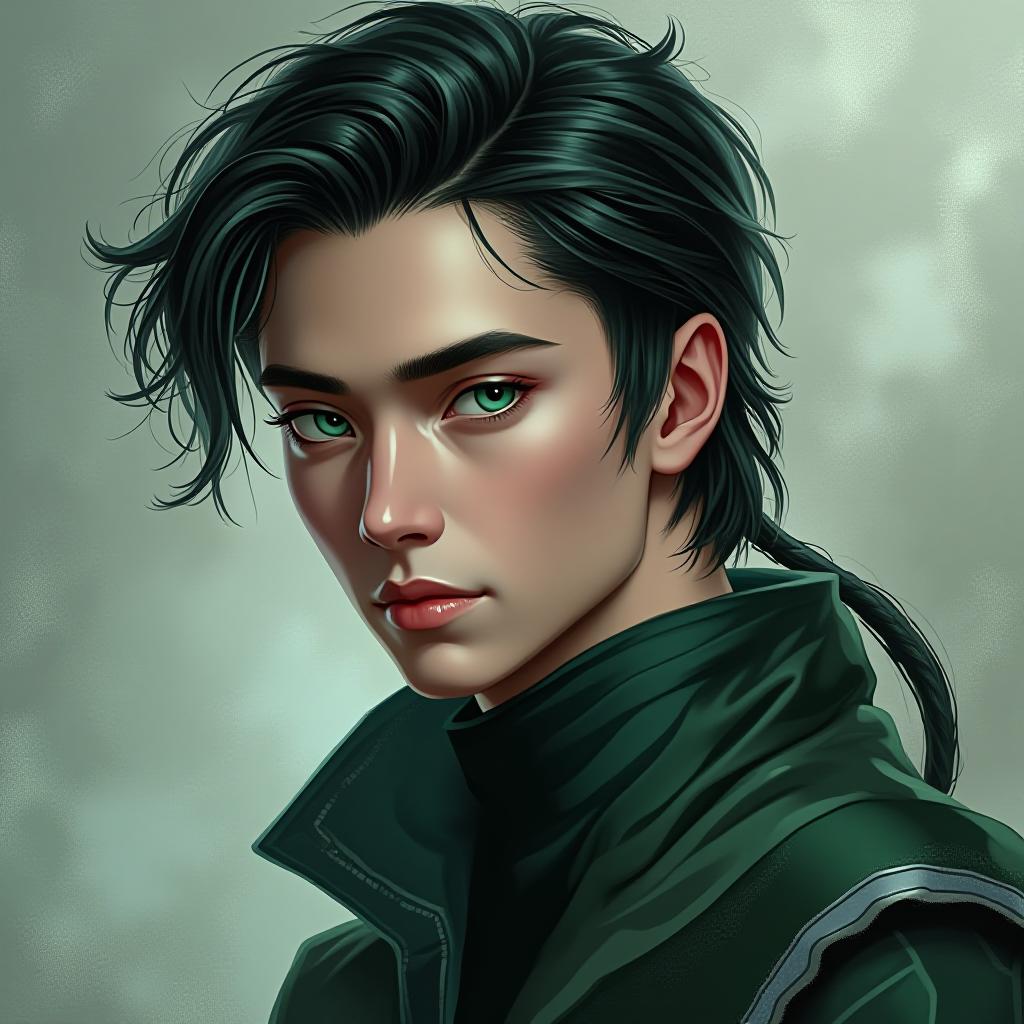  isamu madlock ,green and blue eyes ,hair slick back black rat tail , muscles ,slytherin (green /black/silver ) (harry potter style ) young male, award winning, professional, highly detailed, masterpiece