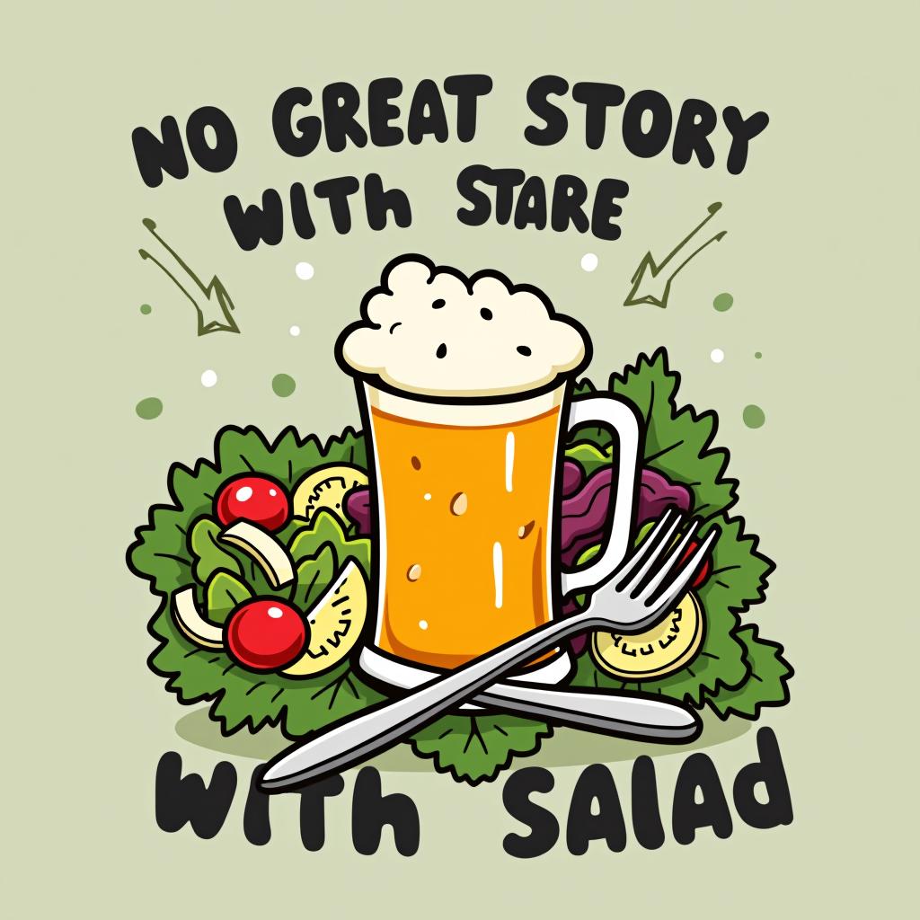  a cartoon salad crossed out, with a large beer mug in the center and the phrase 'no great story started with salad.'