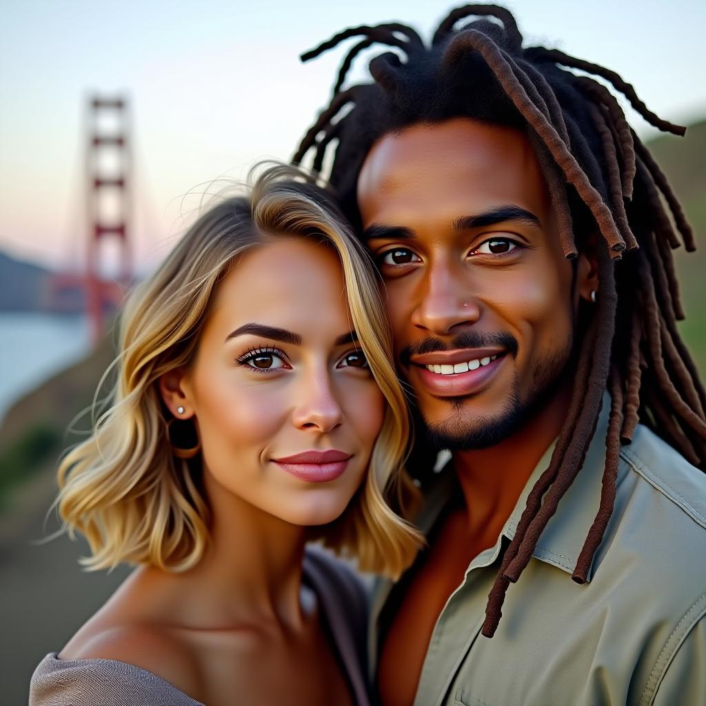  make an image of a bob haired honey blonde hair woman with brown eyes and tan olive skin with a tan man with long dreads in san francisco, california at the bridge