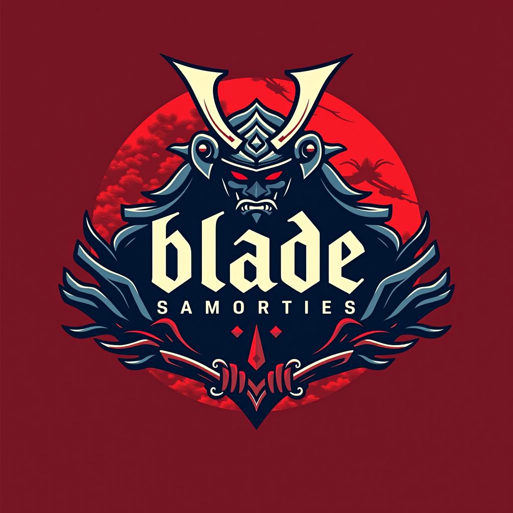  design a logo, emblem logo, with the written text ‘blade’, samurai theme, red and blue.