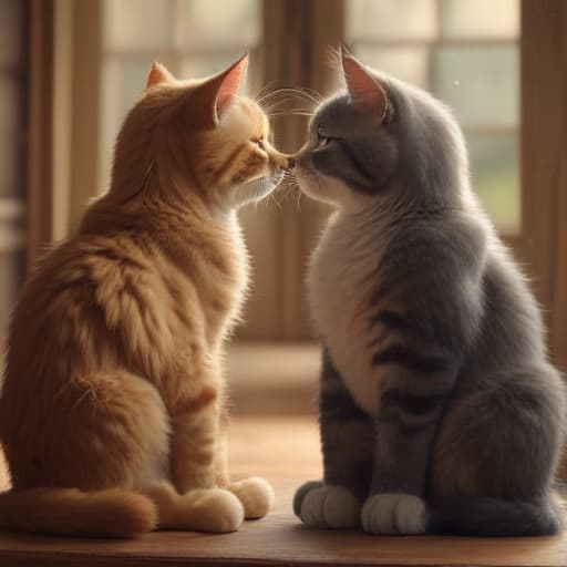 Generate animation images, Make an image where one cat confesses his love to another cat. Cats should be realistic and cute. This image should serve as a postcard to my young man.