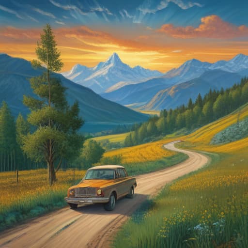 Mountains, trees, field, winding road, GM car in Van Gogh style with Forests background