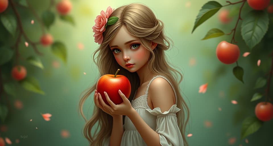  ethereal figure with a somber expression holding a bitter fruit. enchanted garden, mixed emotions, soft disappointment in the air.. the style is digital art illustration,highly detailed, whimsical,magical, dreamlike atmosphere, realism and fantasy blend, smooth, glossy textures,luminous quality, wonder and enchantment.