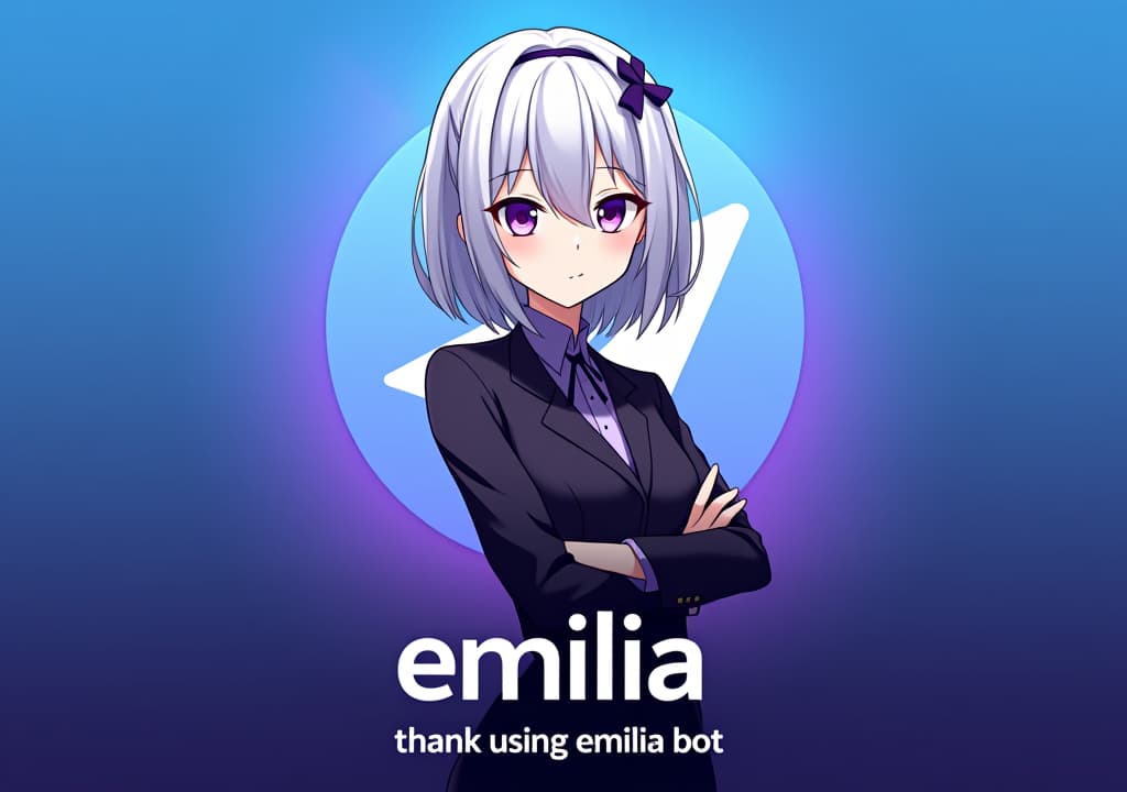  good quality, high quality, a poster style profile picture for a telegram group management bot featuring emilia from re:zero. emilia is depicted with her silver hair and purple eyes, standing confidently with a stylized telegram x icon behind her. the background blends telegram’s blue gradient with subtle purple hues. the text "no.1 telegram group management bot" in anime sytle font is prominently displayed at the bottom in bold, modern font, with a small "thank using emilia bot" tag underneath, creating a sleek and professional look.