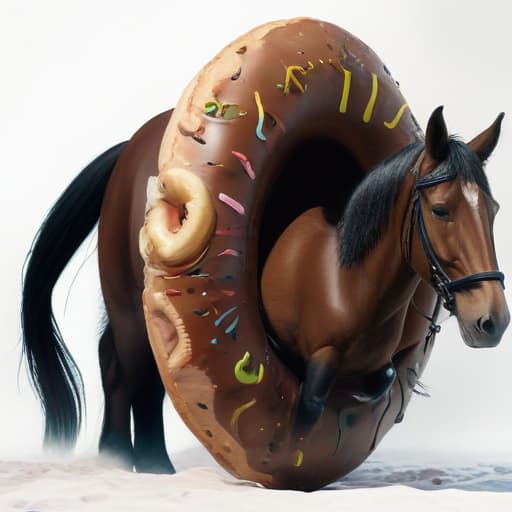 a horse is stuck in a giant donut hyperrealistic, full body, detailed clothing, highly detailed, cinematic lighting, stunningly beautiful, intricate, sharp focus, f/1. 8, 85mm, (centered image composition), (professionally color graded), ((bright soft diffused light)), volumetric fog, trending on instagram, trending on tumblr, HDR 4K, 8K