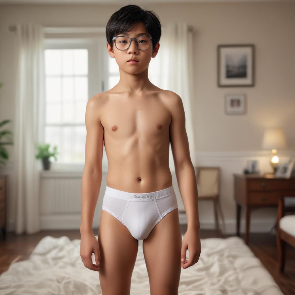 ((masterpiece)), (((best quality))), 8k, high detailed, ultra detailed, A 10 year old Asian boy wearing 1980s white briefs in a room with glasses, boy, ((Asian ethnicity)), ((10 years old)), ((1980s white briefs)), room, glasses hyperrealistic, full body, detailed clothing, highly detailed, cinematic lighting, stunningly beautiful, intricate, sharp focus, f/1. 8, 85mm, (centered image composition), (professionally color graded), ((bright soft diffused light)), volumetric fog, trending on instagram, trending on tumblr, HDR 4K, 8K