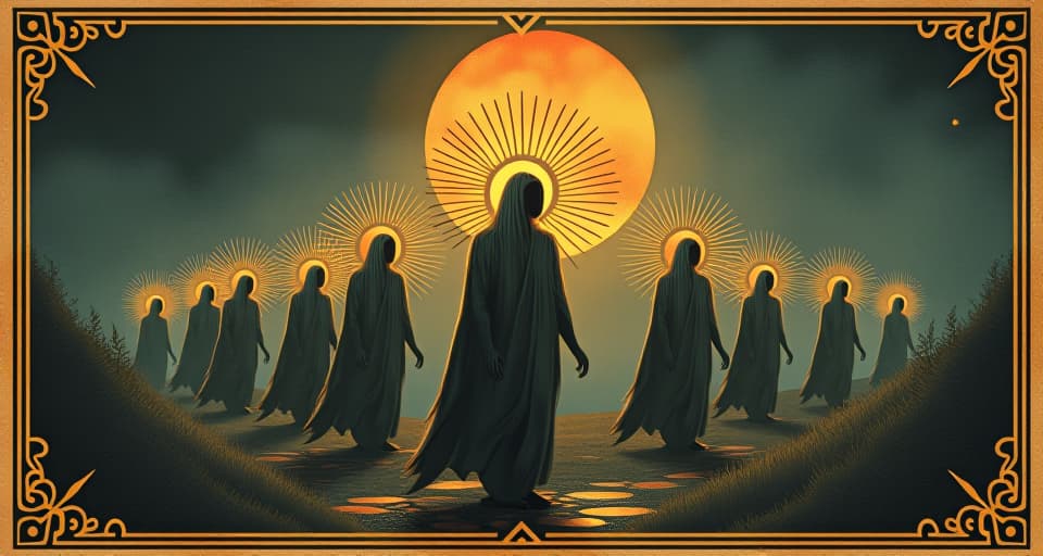  a procession of radiant figures, dawn breaking in the background, vanguard of light, new beginnings, celestial mission. an illustration in the style of a worn, mystical old tarot trump card, mysterious and elements of surrealism. the colors are muted, somber and eerie, but with contrast bring out an occult and esoteric vibe.