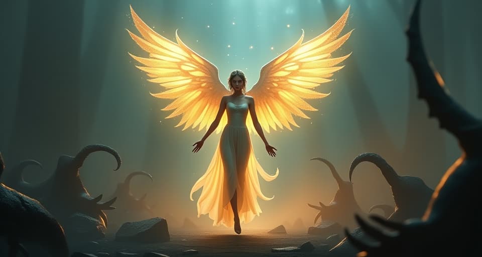  an ethereal figure with glowing wings, standing triumphantly amidst the remains of shadowy adversaries, the atmosphere charged with a sense of victory over darkness.. the style is digital art illustration,highly detailed, whimsical,magical, dreamlike atmosphere, realism and fantasy blend, smooth, glossy textures,luminous quality, wonder and enchantment.