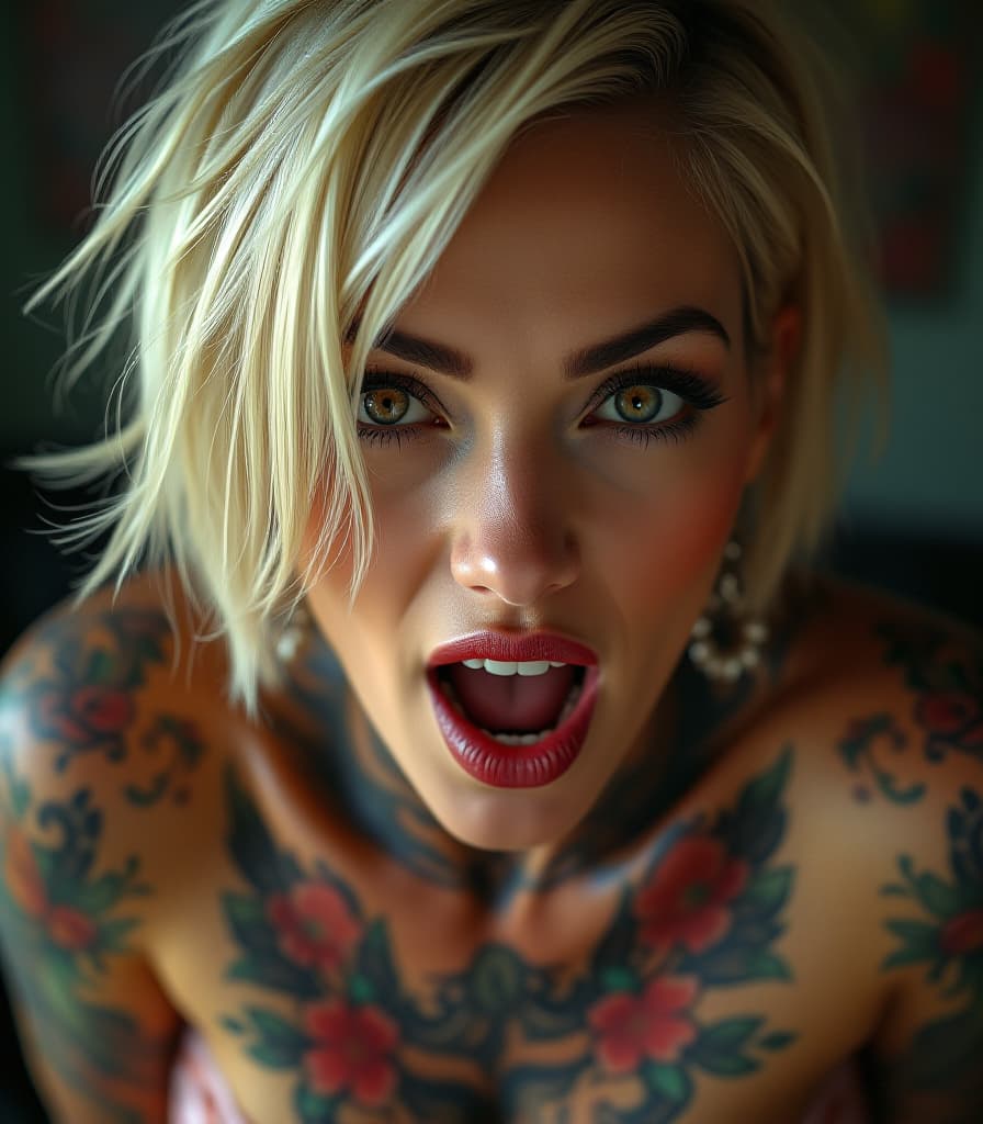  captivating gaze of a 40 woman, with tattoos all over her body. short blonde hair. big lips. screaming