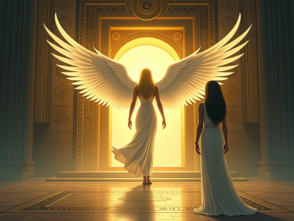  a heavenly figure glowing brightly, ethereal wings unfurled, stepping out from a portal, ancient symbols surrounding the portal, large busted goddess in a form fitting white gown standing in reverence. the style is digital art illustration / modern comic book / mysterious occult, symbolic, esoteric vibe,high detail on character design, incorporating ancient egyptian symbology and attire.