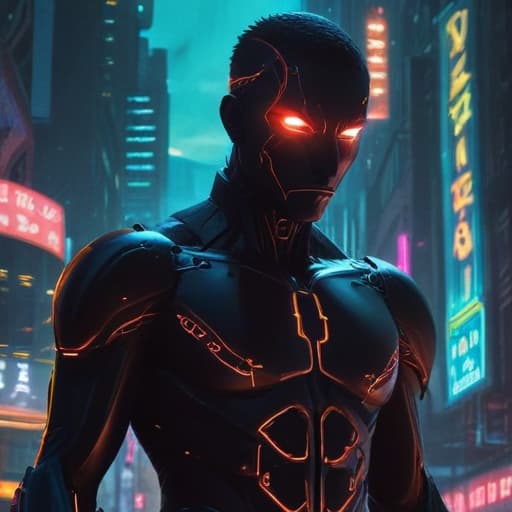 In a futuristic cityscape, a sleek and mysterious figure emerges from the shadows. The Gadjiltron Magician, bathed in a dark aura, channels its energy to enhance its power. With glowing neon lights and intricate circuit patterns adorning its armor, the magician exudes a sense of otherworldly technology. Its eyes gleam with a sinister intelligence as it prepares to unleash its dark powers in the heart of the digital metropolis. fantastical creatures or characters inspired by mythology, folklore, or popular culture. use vibrant colors, sharp lines, intricate details, dynamic poses, dramatic lighting, atmospheric backgrounds, and blend anime, manga, and Western comic influences.