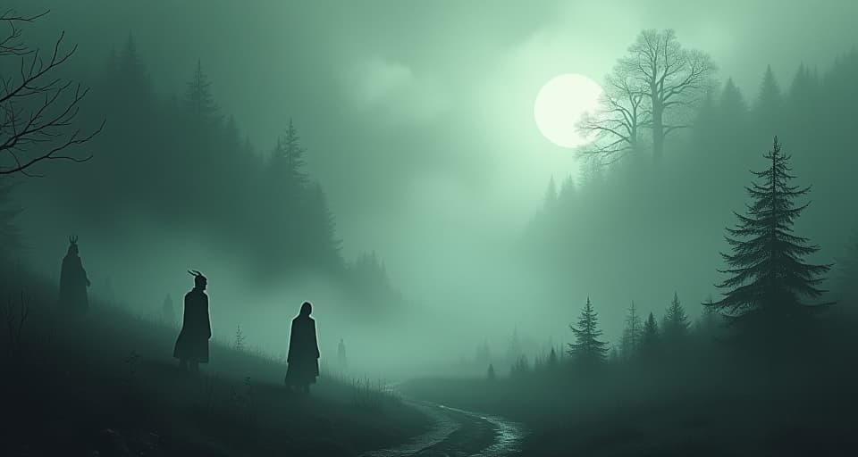  ethereal fog landscape, mist swirling, eerie calm, shadowy figures lurking at the edges, aura of silence. an illustration in the style of a worn, mystical old tarot trump card, mysterious and elements of surrealism. the colors are muted, somber and eerie, but with contrast bring out an occult and esoteric vibe.