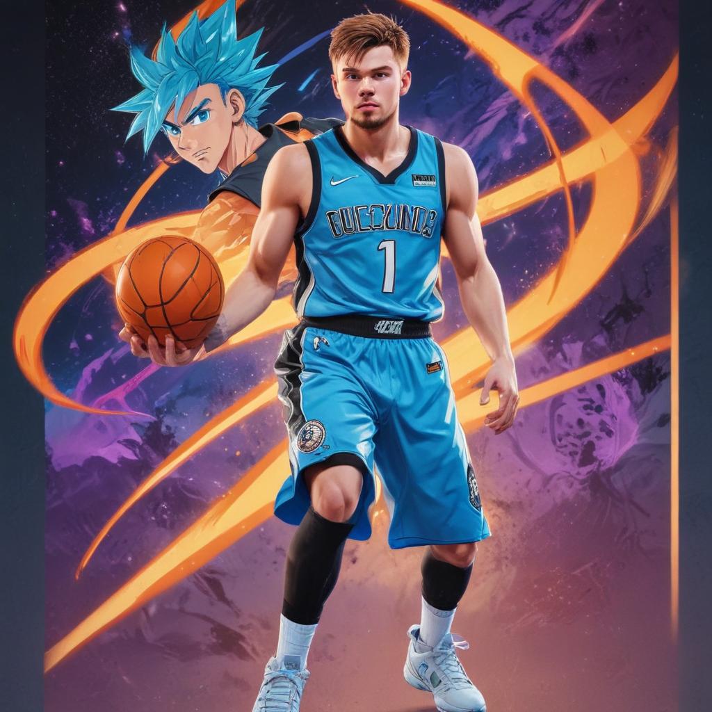 distance-shot, flashy, full-body, dynamic, holographic, animated cartoon poster of luka doncic in the style of dragon ball super