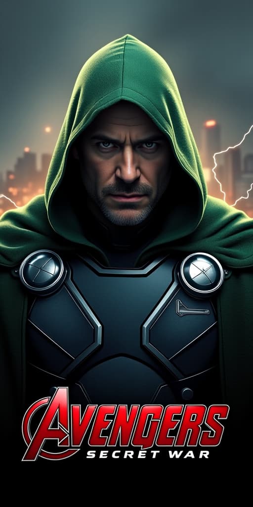  good quality, high quality, a hyper realistic movie poster for "avengers secret war" starring robert downey jr. as doctor doom. he is depicted with a sinister expression, wearing a heavily armored, dark green cloak. the background shows a war torn city in shadows, with the avengers logo partially illuminated by crackling energy.