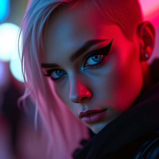  ultra realistic close up portrait ((beautiful pale cyberpunk female with heavy black eyeliner)), blue eyes, shaved side haircut, hyper detail, cinematic lighting, magic neon, dark red city, canon eos r3, nikon, f/1.4, iso 200, 1/160s, 8k, raw, unedited, symmetrical balance, in frame, 8k hyperrealistic, full body, detailed clothing, highly detailed, cinematic lighting, stunningly beautiful, intricate, sharp focus, f/1. 8, 85mm, (centered image composition), (professionally color graded), ((bright soft diffused light)), volumetric fog, trending on instagram, trending on tumblr, HDR 4K, 8K