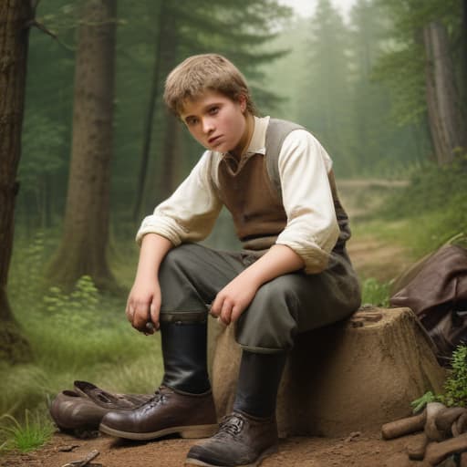 Young working as a shoe cleaner 1800s with Forests background