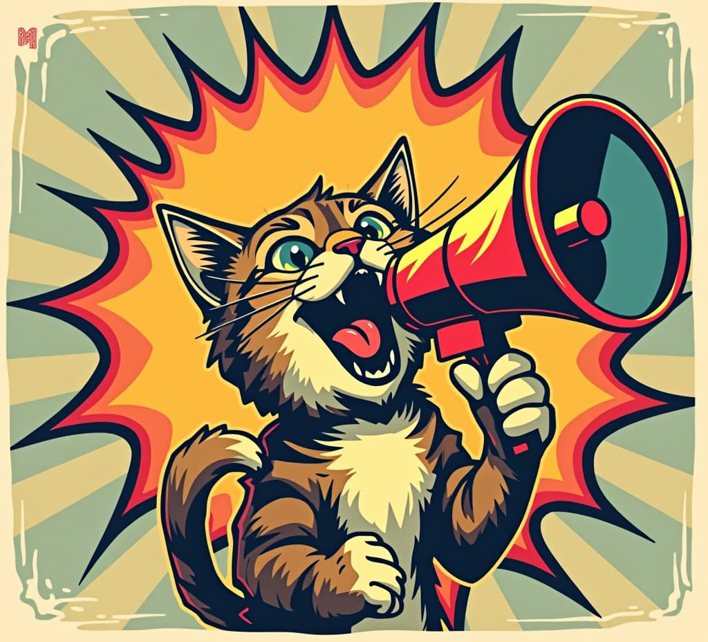  playful graphic art of a cat shouting into a megaphone, styled with vintage textures and bold pop art colors. stylish modern loudspeaker announcing crazy promotions.