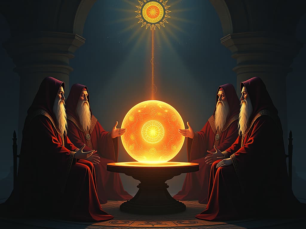  a council of robed sages in deep discussion around a radiant orb, symbolizing wisdom and collaborative growth. the orb reflects bright, interconnected pathways. each sage's robe is adorned with unique, intricate symbols. knowledge, unity, positive future theme, glowing ambiance.. the style is dark fantasy and mysterious occult, symbolic, moody lighting, esoteric vibe,high detail on character design. for the color scheme emphasize blacks and reds.