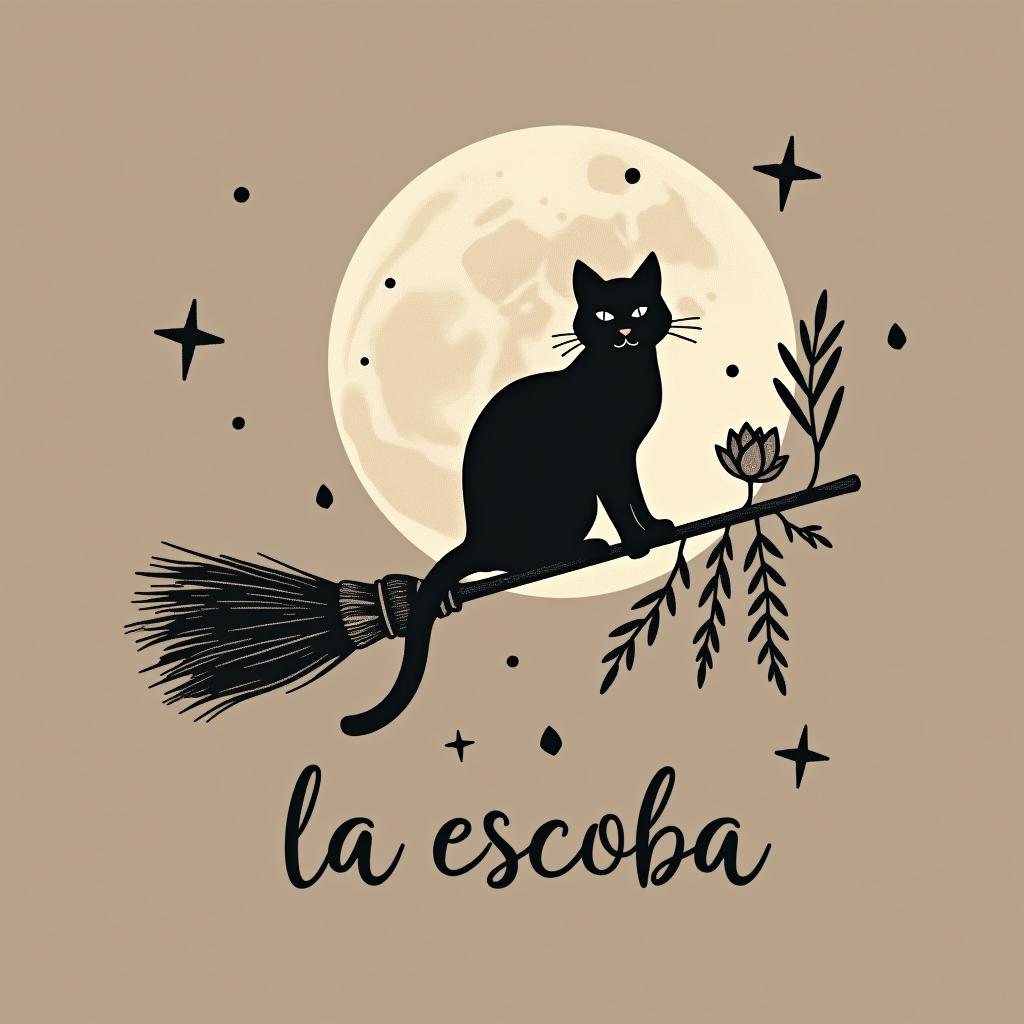  design a logo, in a minimalism style. witchy, moon, black cat silhouette riding on a broom, dried herbs hanging off broom, cottage core aesthetic, crystals,spells, with the text 'la escoba'.