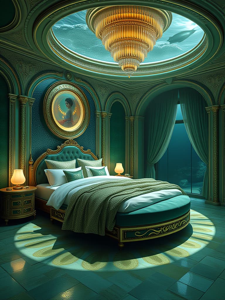  a luxurious mermaid mansion bedroom in the deep sea. the house is round li and big metallic green and gold ver shiny . with mermaid luxurious bed that shaped like a mermaid tale