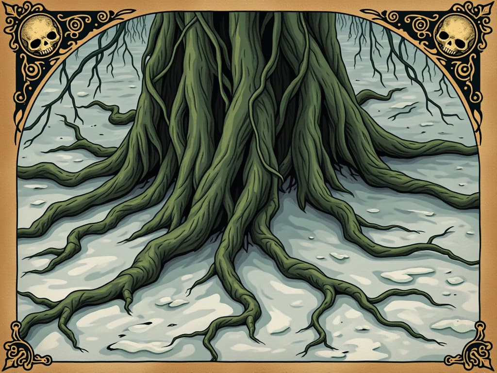  close up of arctic willow, gnarled roots, snow covered ground, resilience against harsh winds, tangled strength, transformation under duress, perseverance. an illustration in the style of a worn, mystical old tarot trump card, mysterious and elements of surrealism. the colors are muted, somber and eerie, but with contrast bring out an occult and esoteric vibe.