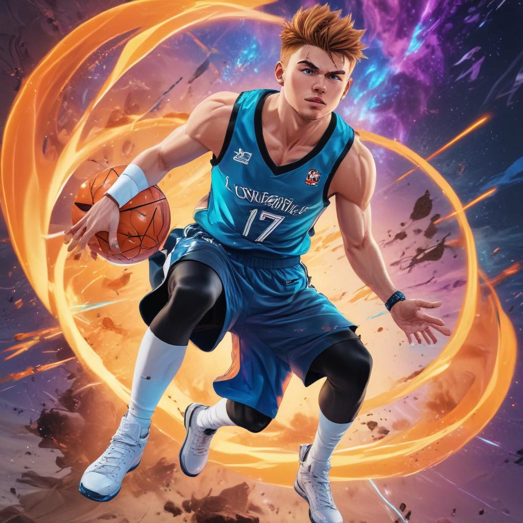 distance-shot, flashy, full-body, dynamic, holographic, animated cartoon poster of luka doncic in the style of dragon ball super