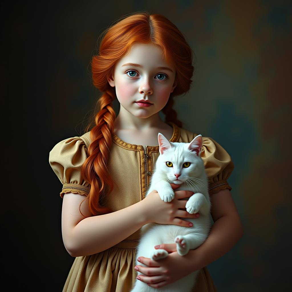  a real photograph of a red haired girl in an ancient dress with a white cat.