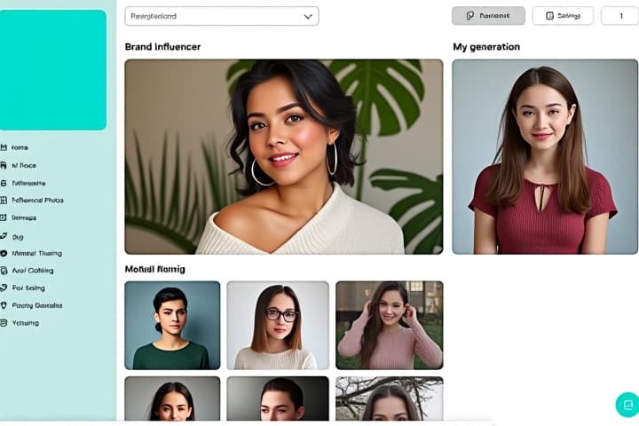  design a user interface for an ai brand influencer dashboard with the following elements, ensuring every pixel and text detail is accurately represented: layout: left sidebar: logo area: positioned at the top left corner, with a rectangular logo placeholder in teal. navigation menu: below the logo, create a vertical list with items: 'home,' 'my generations,' and 'influencer studio.' sub menu: under 'influencer studio,' add nested items: 'brand influencer,' 'face replace,' 'professional photos,' 'reimagin,' 'model training,' 'ai clothing,' 'prompt generation,' and 'pro generation.' additional options: at the bottom of the sidebar, include 'knowledge base' and 'settings' with corresponding icons on the left. top banner: ad banner: cente hyperrealistic, full body, detailed clothing, highly detailed, cinematic lighting, stunningly beautiful, intricate, sharp focus, f/1. 8, 85mm, (centered image composition), (professionally color graded), ((bright soft diffused light)), volumetric fog, trending on instagram, trending on tumblr, HDR 4K, 8K