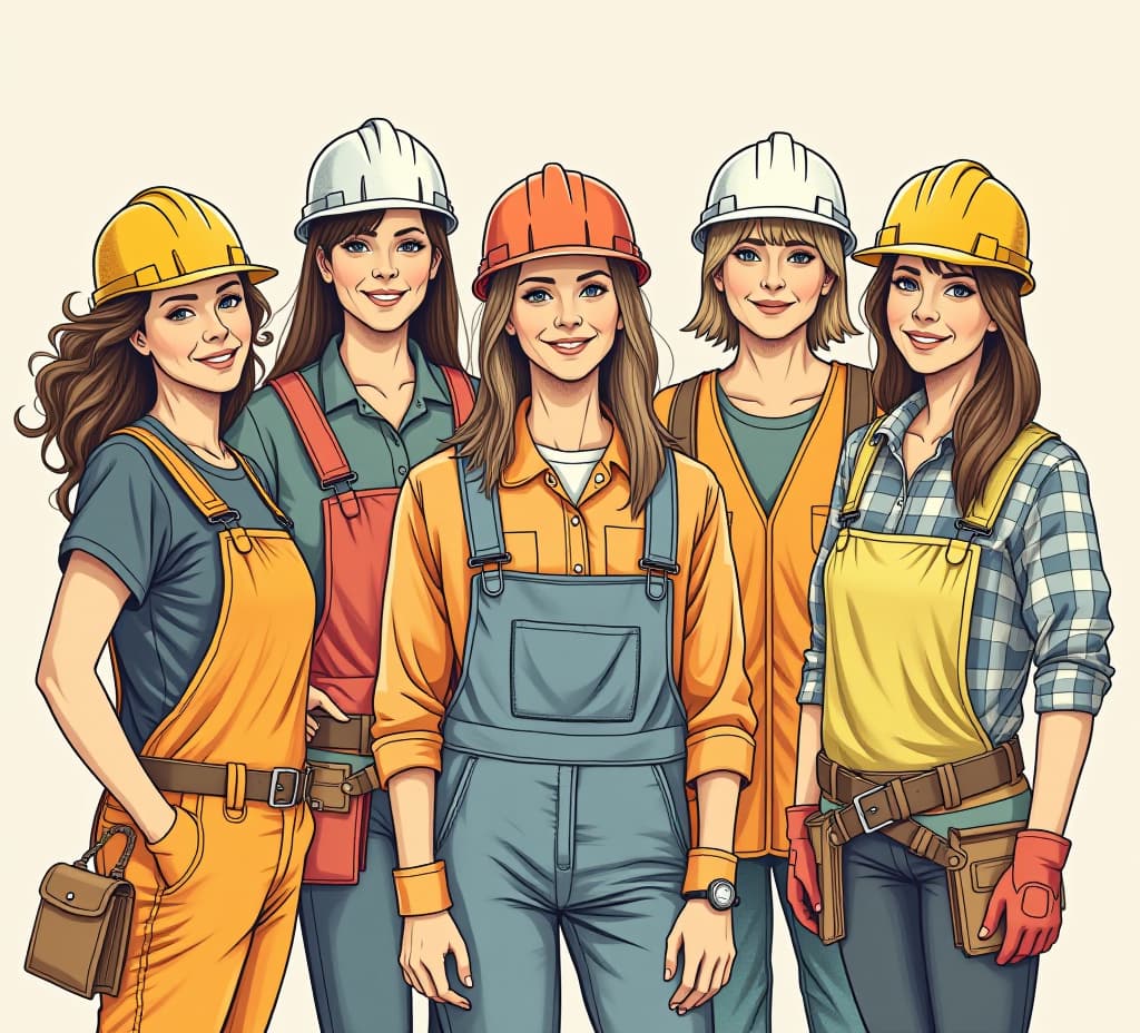  a group of diverse female construction workers, sketch style illustration