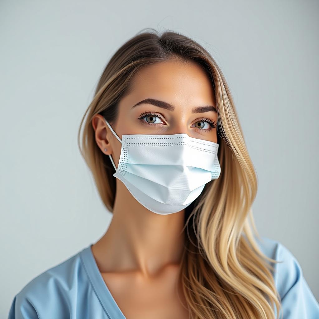  a woman wearing a white surgical mask