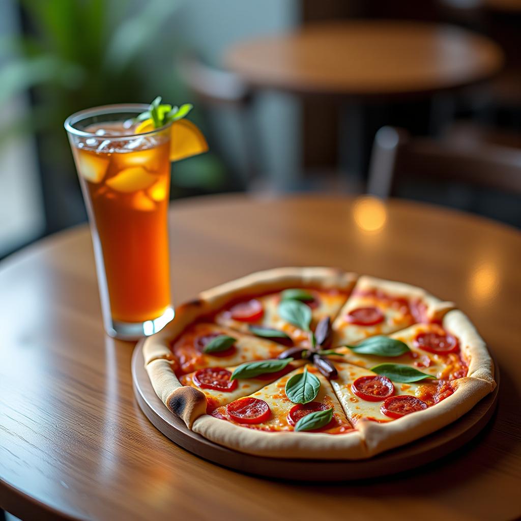  on the café table, there is pizza and a drink in a glass, presented as a gift.