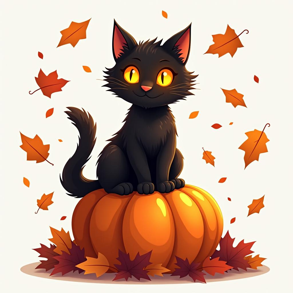  a cute black cat with glowing eyes sitting on a pumpkin, surrounded by swirling autumn leaves in a whimsical style, with warm, moody lighting. t shirt design, vector, contour, white background, no mockup hyperrealistic, full body, detailed clothing, highly detailed, cinematic lighting, stunningly beautiful, intricate, sharp focus, f/1. 8, 85mm, (centered image composition), (professionally color graded), ((bright soft diffused light)), volumetric fog, trending on instagram, trending on tumblr, HDR 4K, 8K