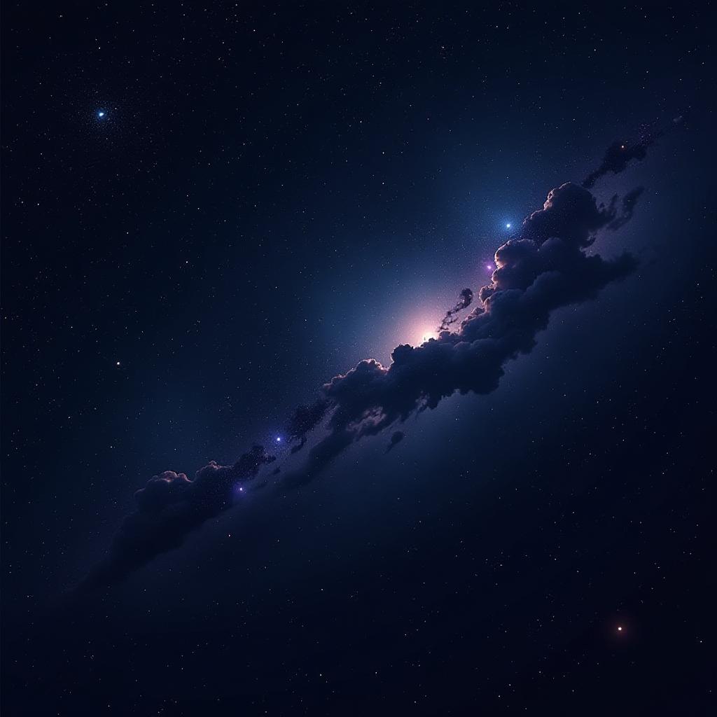  a vast, seamless space background, dominated by deep, pure black, capturing the infinite darkness of space, with bright, scattered stars of varying sizes that twinkle subtly against the darkness. incorporate soft, diffused atmospheric lighting with a faint, ethereal glow to suggest distant light sources. add delicate, wispy night clouds that drift subtly across the scene, blending into the void without overpowering the black. include minimal, softly colored nebulae in shades of purple, pink, and faint blue, along with thin trails of space dust. position these nebulae and clouds toward the middle or sides of the image, carefully avoiding the top and bottom edges to maintain openness. the style should be a digital painting with a hyperrealist