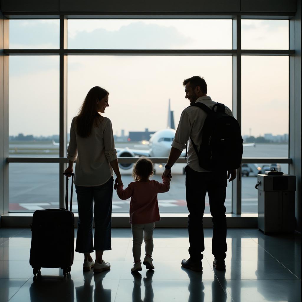  professional detailed photography, happy family at the airport, (muted colors, dim colors, soothing tones), (vsco:0.3)