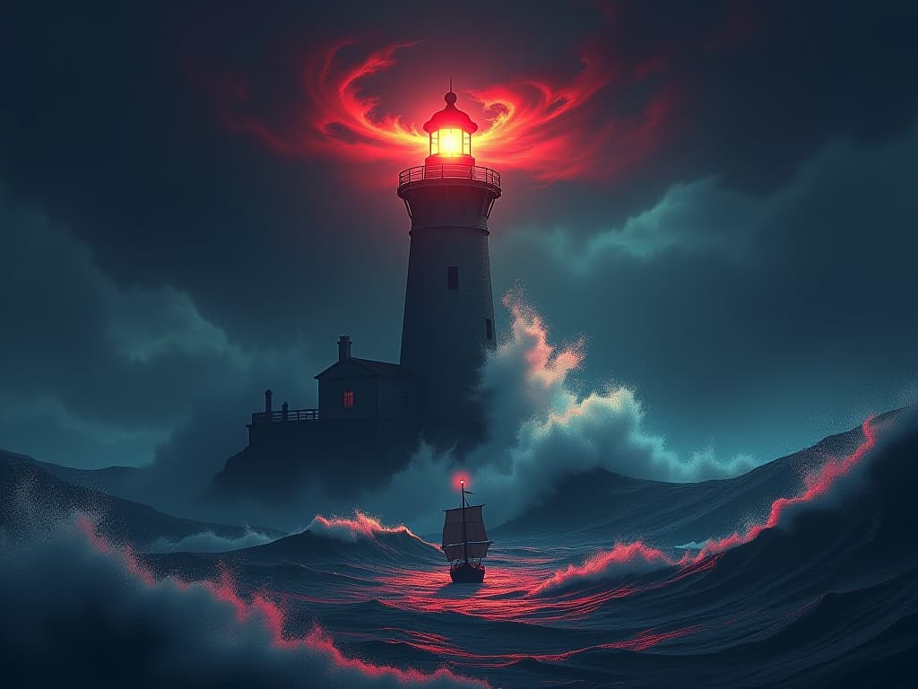  a shining lighthouse on a stormy night, symbolizing guidance and resilience. waves crash violently below, but the light cuts through the darkness. in the foreground, a ship navigates toward the light. determination, stability amidst chaos, strong nautical theme.. the style is dark fantasy and mysterious occult, symbolic, moody lighting, esoteric vibe,high detail on character design. for the color scheme emphasize blacks and reds.