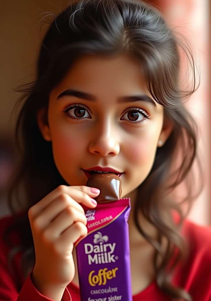  vey cute, female, amarican fair body color, young, model profession, eating chocolate, close eyes, this is advertising of dairy milk chocolate it has a big headline text written "special rakhi offer for your sister" on the screen, and put dairy milk logo at bottom side, little melt chocolate at her lips face, hyperrealistic, full body, detailed clothing, highly detailed, cinematic lighting, stunningly beautiful, intricate, sharp focus, f/1. 8, 85mm, (centered image composition), (professionally color graded), ((bright soft diffused light)), volumetric fog, trending on instagram, trending on tumblr, HDR 4K, 8K